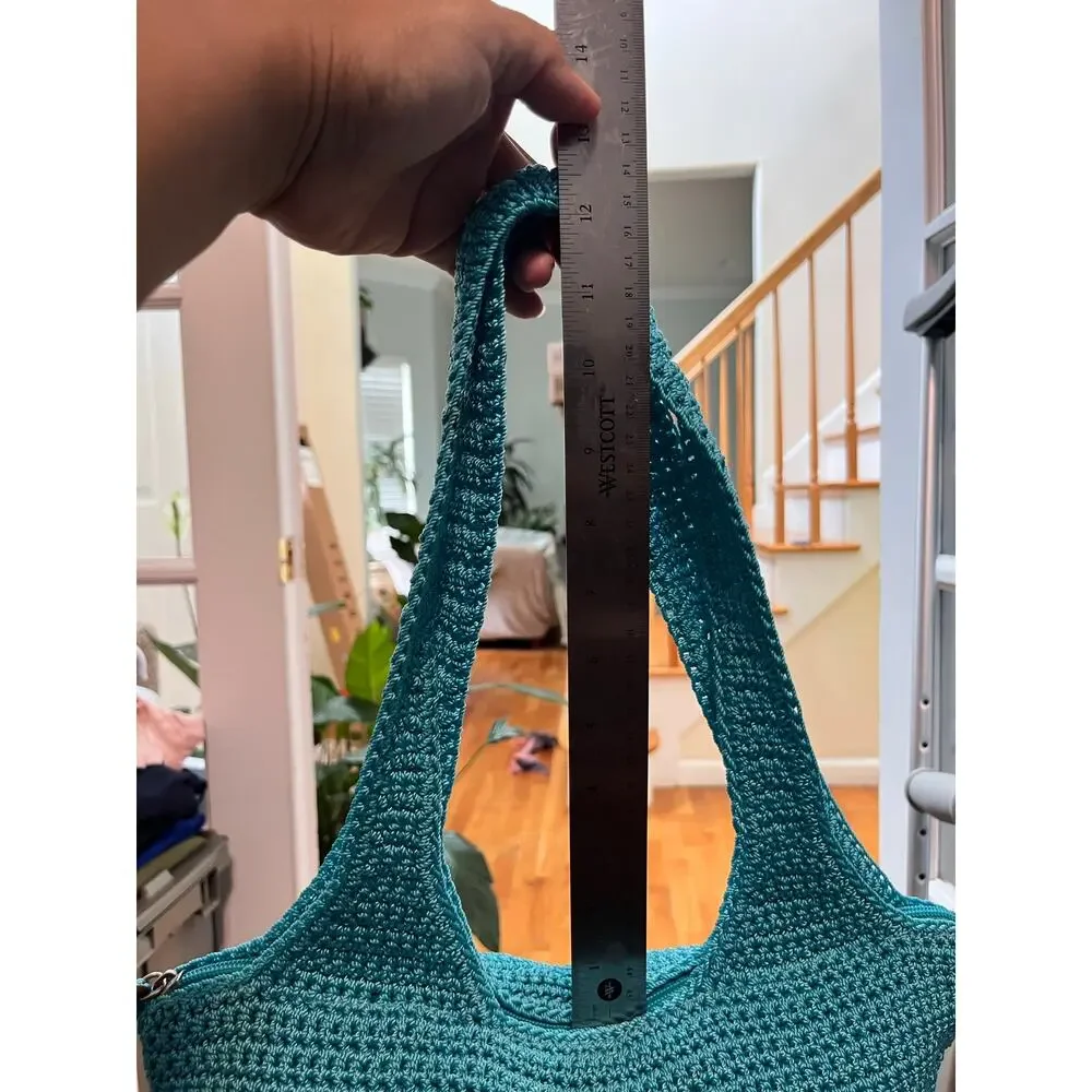 The Sak Crochet Teal Brown Embroidered Chill Palm Tree Shoulder Bag Vacation